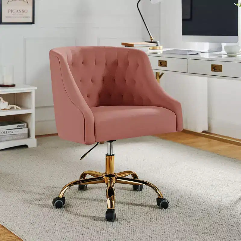 Chaise de bureau moderne pivotante réglable en hauteur en velours avec dossier capitonné et base dorée