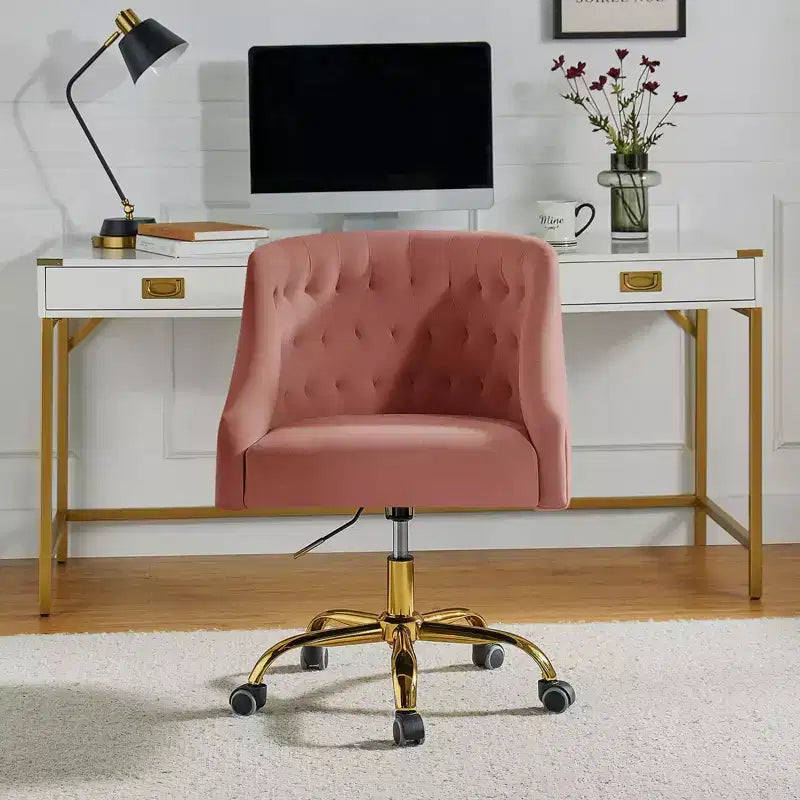 Chaise de bureau moderne pivotante réglable en hauteur en velours avec dossier capitonné et base dorée