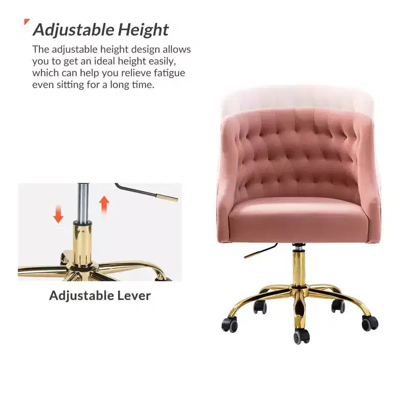 Chaise de bureau moderne pivotante réglable en hauteur en velours avec dossier capitonné et base dorée