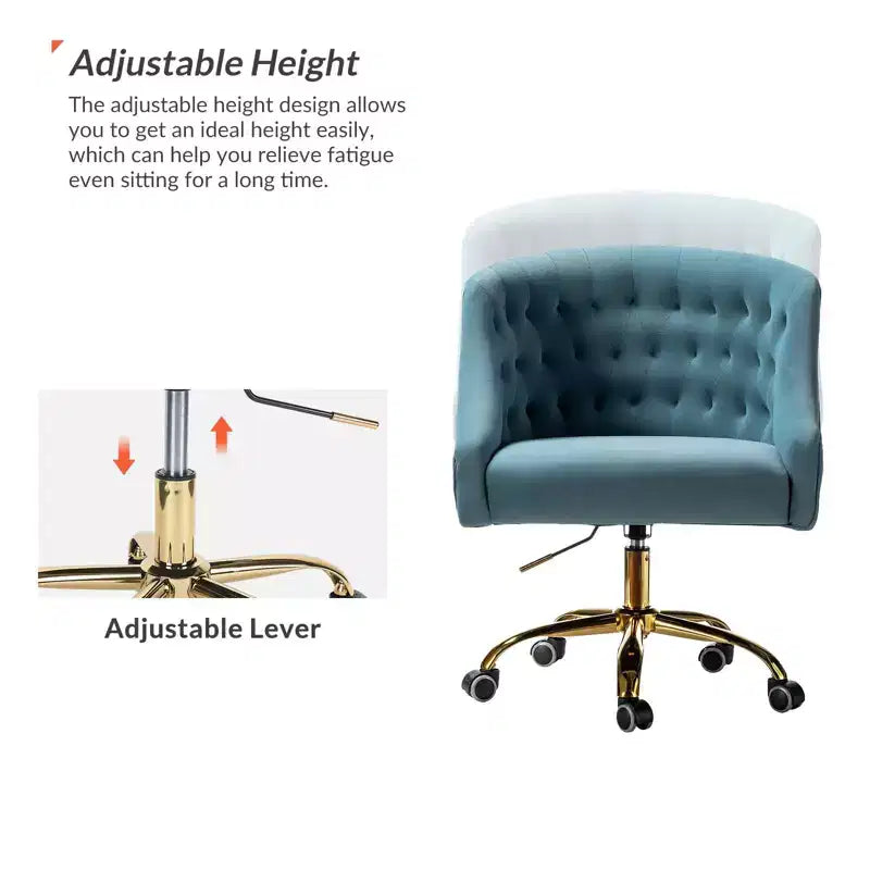 Chaise de bureau moderne pivotante réglable en hauteur en velours avec dossier capitonné et base dorée