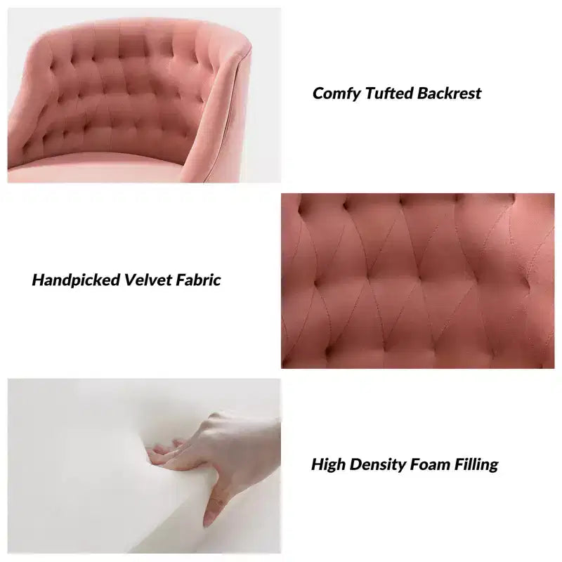 Chaise de bureau moderne pivotante réglable en hauteur en velours avec dossier capitonné et base dorée