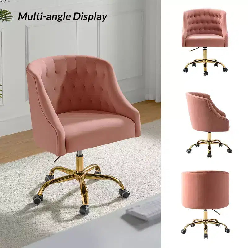 Chaise de bureau moderne pivotante réglable en hauteur en velours avec dossier capitonné et base dorée