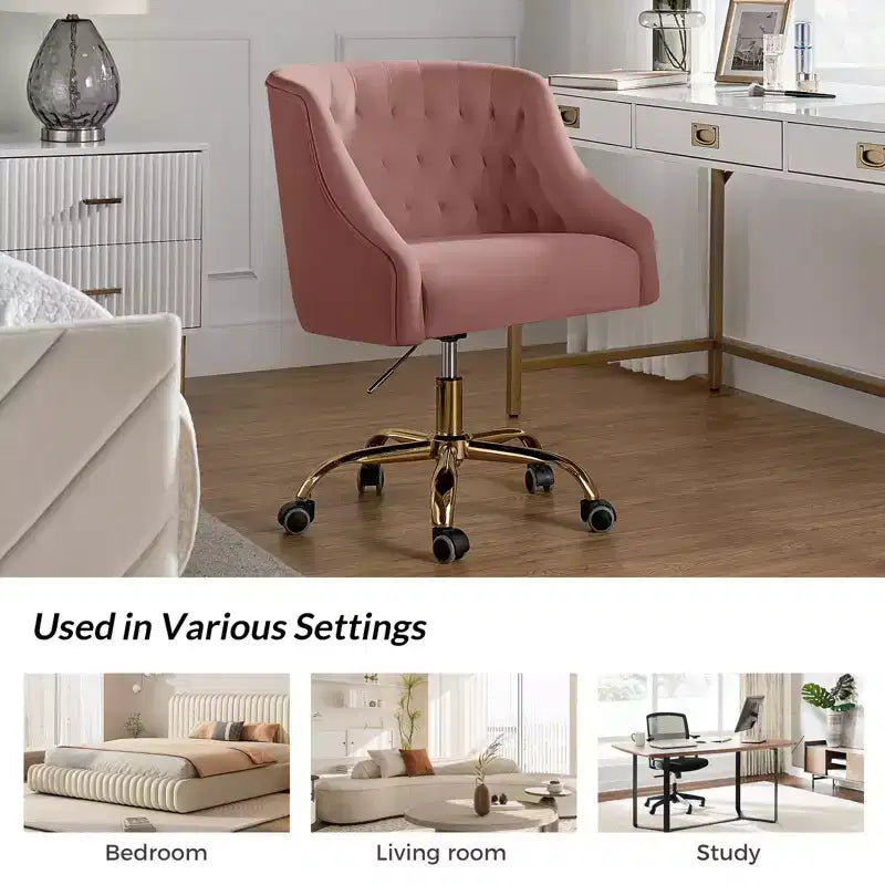 Chaise de bureau moderne pivotante réglable en hauteur en velours avec dossier capitonné et base dorée