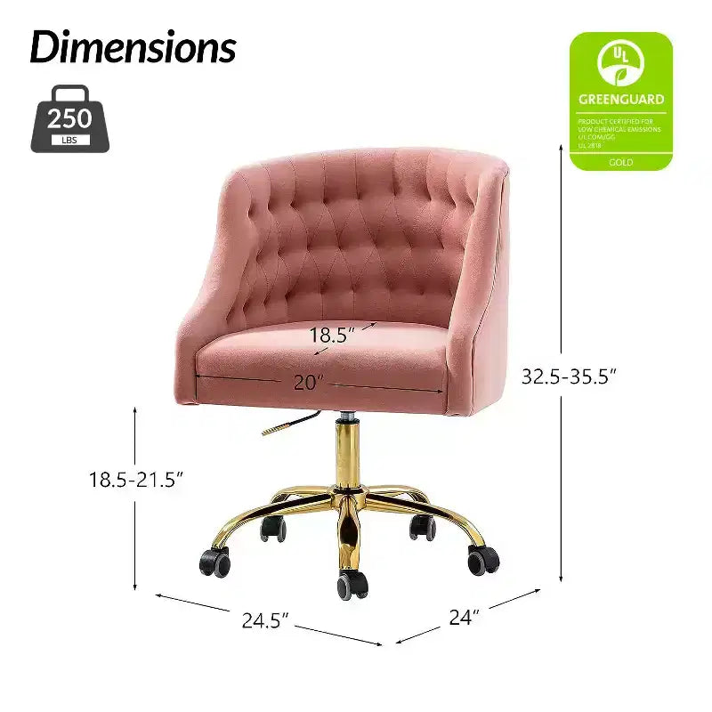 Chaise de bureau moderne pivotante réglable en hauteur en velours avec dossier capitonné et base dorée