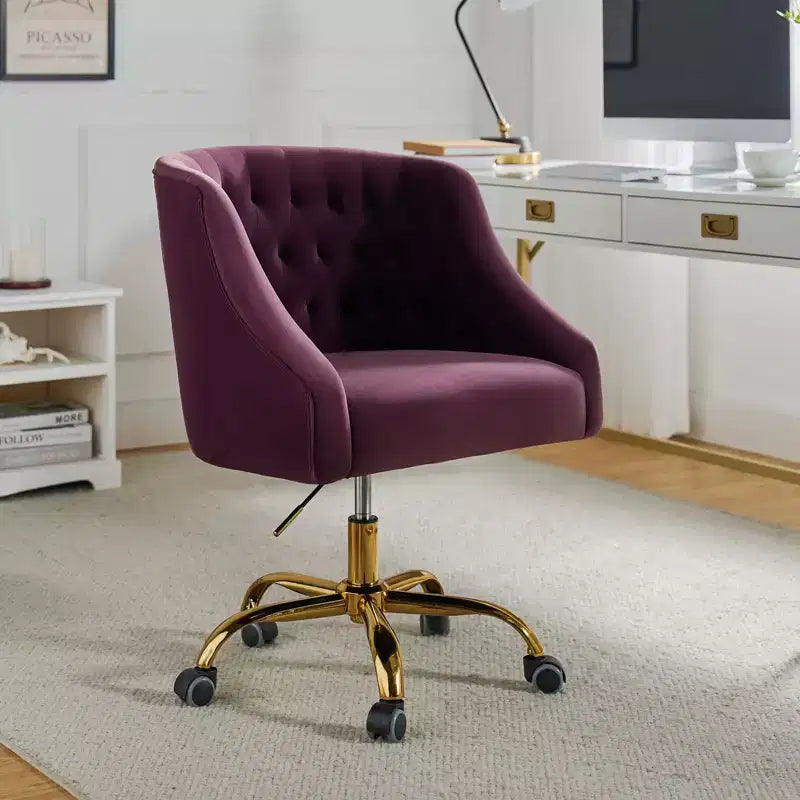 Chaise de bureau moderne pivotante réglable en hauteur en velours avec dossier capitonné et base dorée