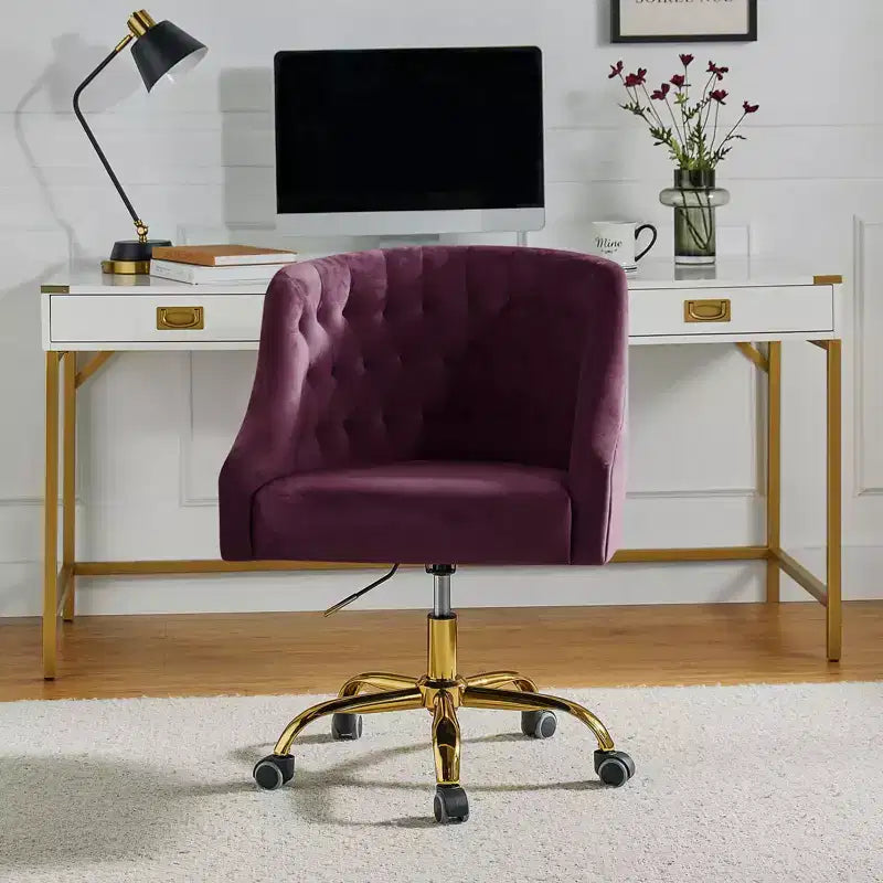 Chaise de bureau moderne pivotante réglable en hauteur en velours avec dossier capitonné et base dorée