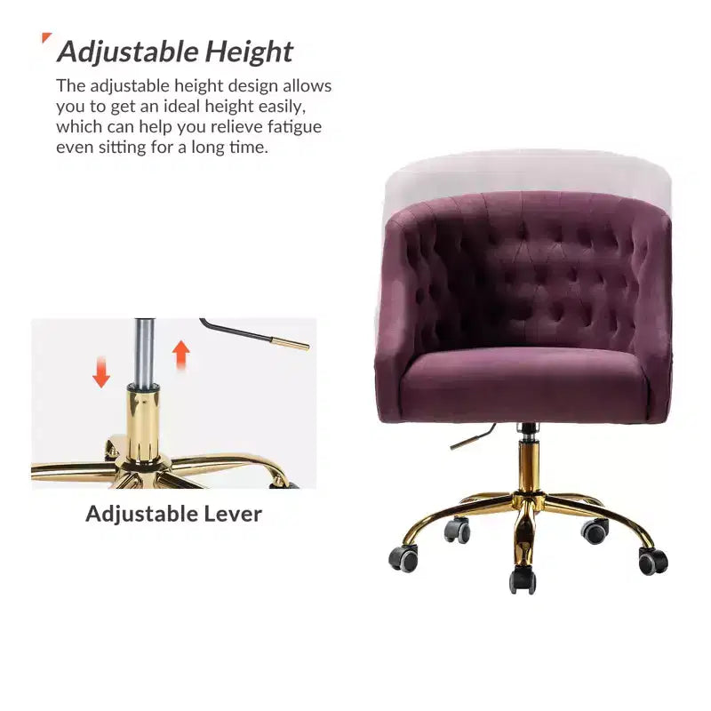 Chaise de bureau moderne pivotante réglable en hauteur en velours avec dossier capitonné et base dorée