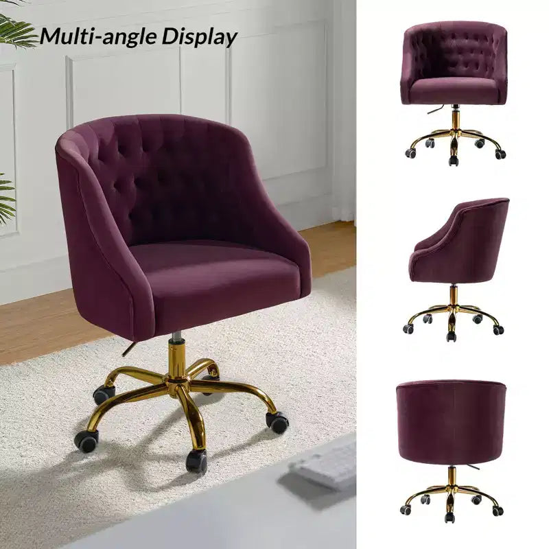 Chaise de bureau moderne pivotante réglable en hauteur en velours avec dossier capitonné et base dorée