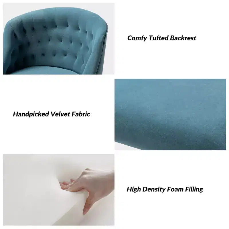 Chaise de bureau moderne pivotante réglable en hauteur en velours avec dossier capitonné et base dorée