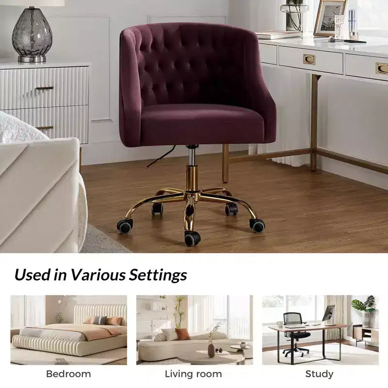 Chaise de bureau moderne pivotante réglable en hauteur en velours avec dossier capitonné et base dorée