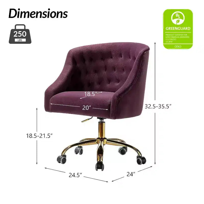 Chaise de bureau moderne pivotante réglable en hauteur en velours avec dossier capitonné et base dorée