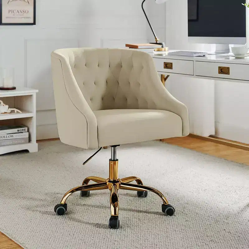 Chaise de bureau moderne pivotante réglable en hauteur en velours avec dossier capitonné et base dorée