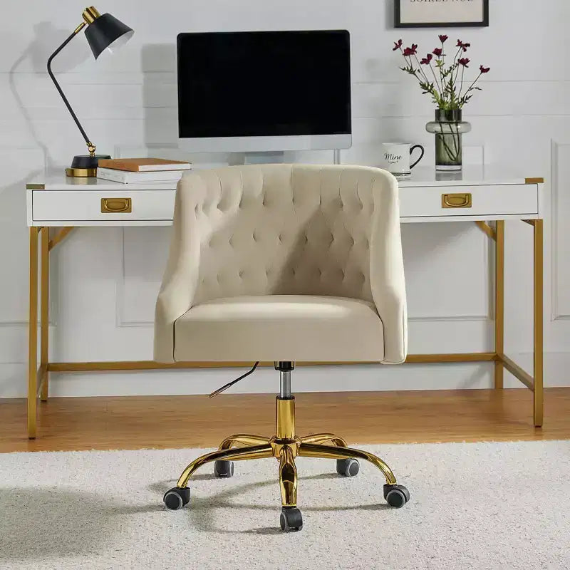 Chaise de bureau moderne pivotante réglable en hauteur en velours avec dossier capitonné et base dorée