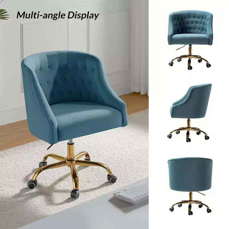 Chaise de bureau moderne pivotante réglable en hauteur en velours avec dossier capitonné et base dorée
