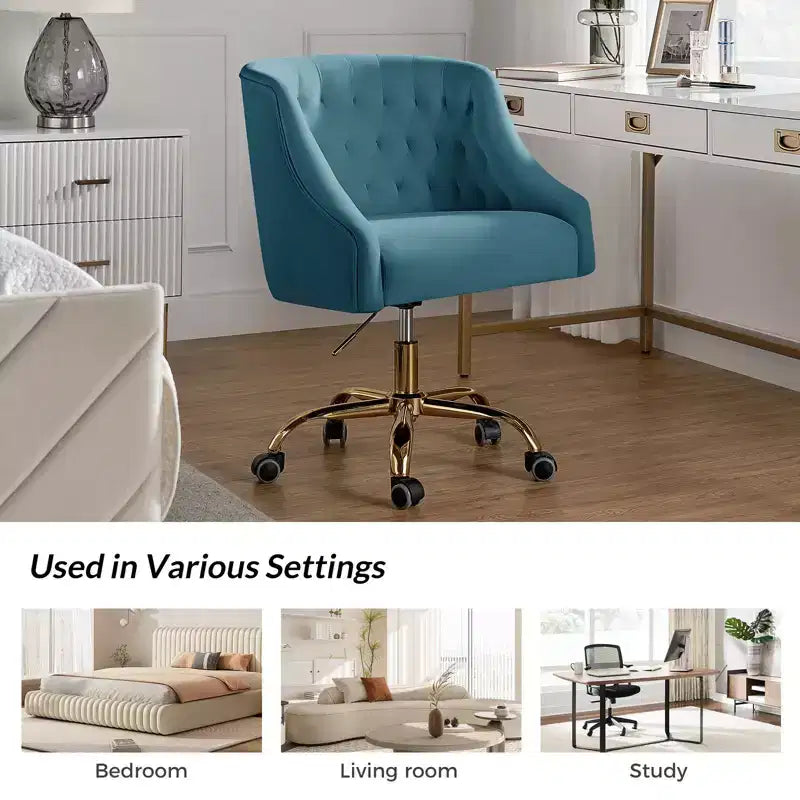 Chaise de bureau moderne pivotante réglable en hauteur en velours avec dossier capitonné et base dorée