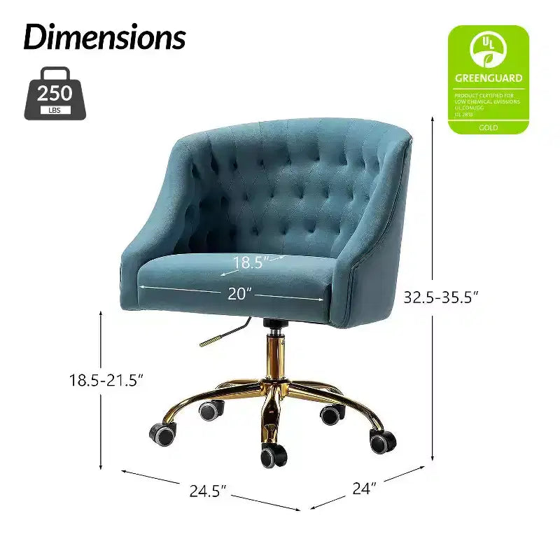 Chaise de bureau moderne pivotante réglable en hauteur en velours avec dossier capitonné et base dorée