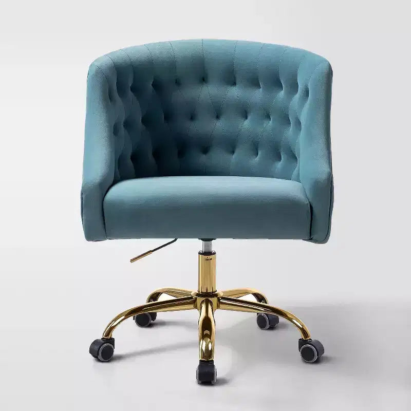 Chaise de bureau moderne pivotante réglable en hauteur en velours avec dossier capitonné et base dorée