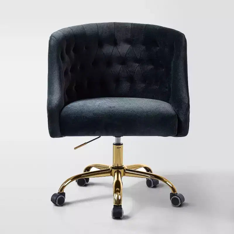 Chaise de bureau moderne pivotante réglable en hauteur en velours avec dossier capitonné et base dorée