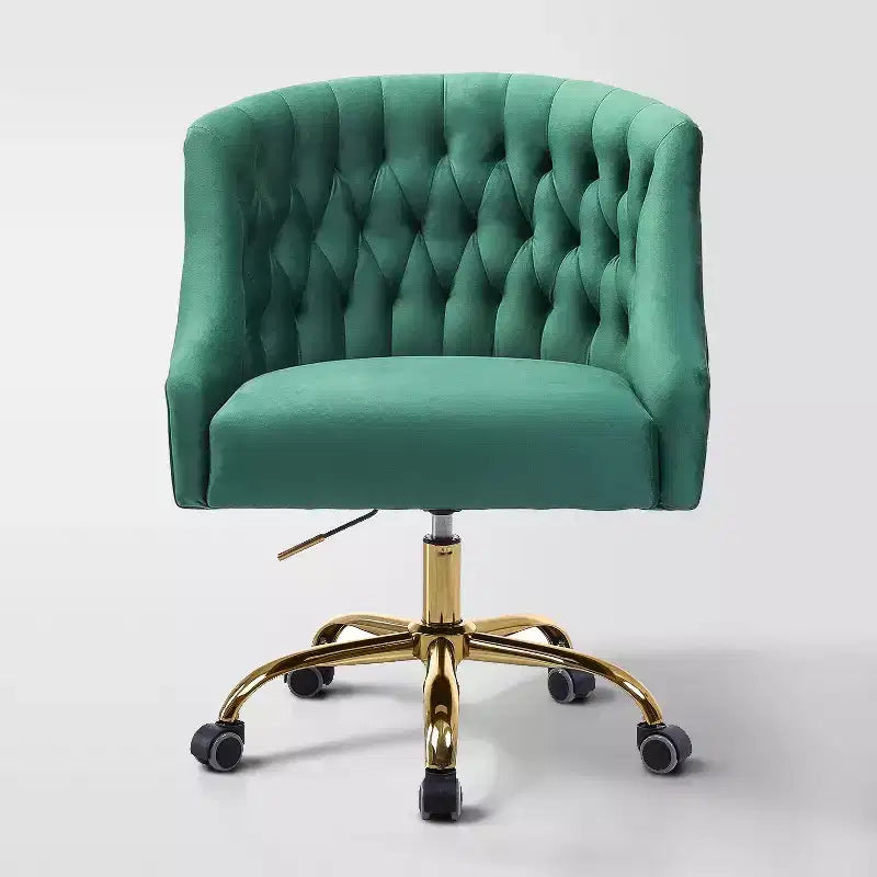 Chaise de bureau moderne pivotante réglable en hauteur en velours avec dossier capitonné et base dorée