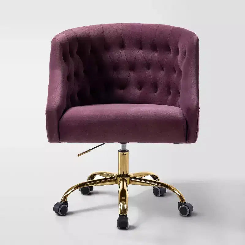 Chaise de bureau moderne pivotante réglable en hauteur en velours avec dossier capitonné et base dorée