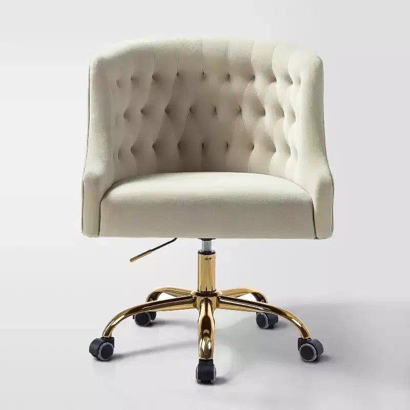 Chaise de bureau moderne pivotante réglable en hauteur en velours avec dossier capitonné et base dorée