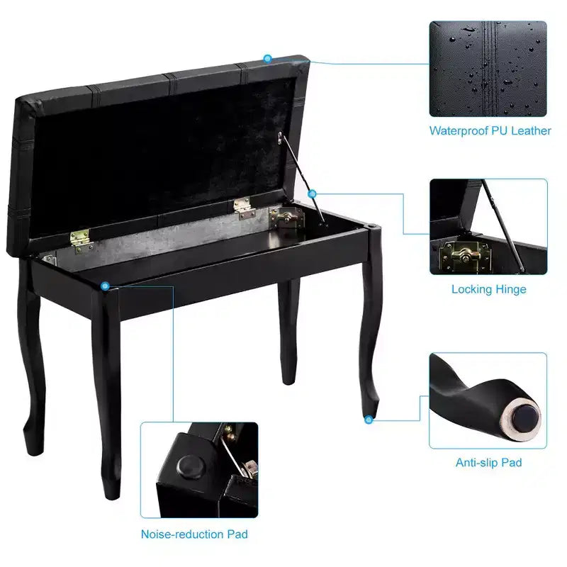 Banc de piano en cuir PU avec siège rembourré pour deux personnes avec rangement Noir