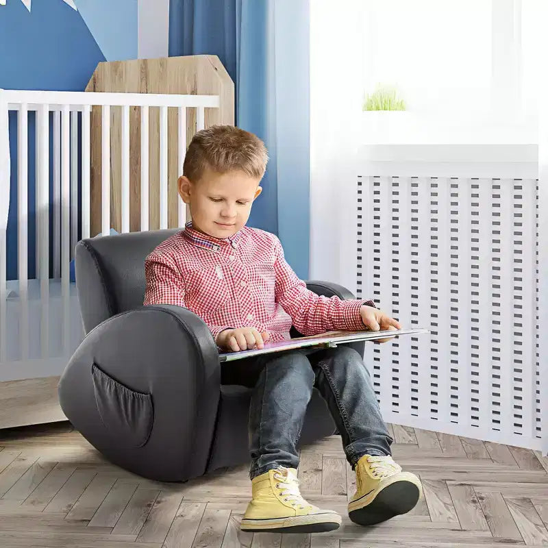 Fauteuil à bascule pour enfants avec poche latérale, fauteuil pour tout-petenrs en cuir PU gris