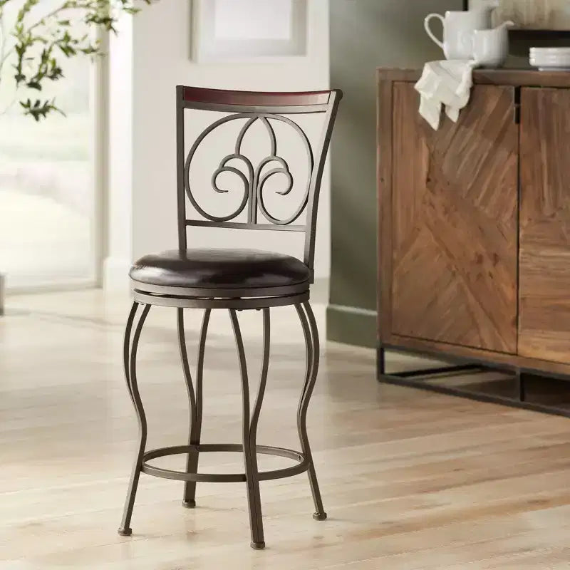 Tabouret de bar pivotant en métal marron 24" de haut, traditionnel, coussin rond avec dossier et repose-pieds, pour comptoir de cuisine.
