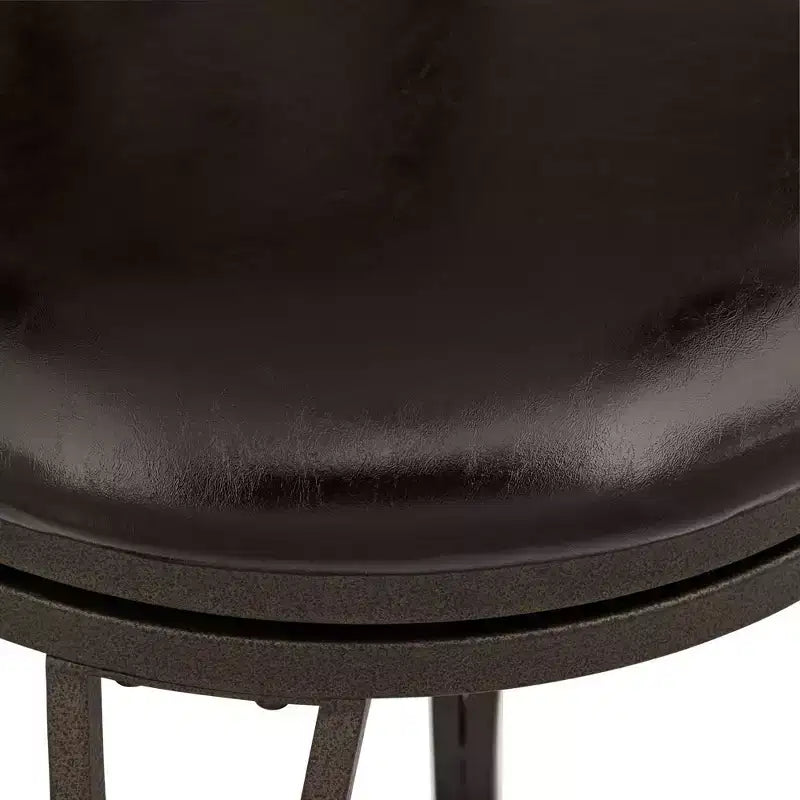 Tabouret de bar pivotant en métal marron 24" de haut, traditionnel, coussin rond avec dossier et repose-pieds, pour comptoir de cuisine.