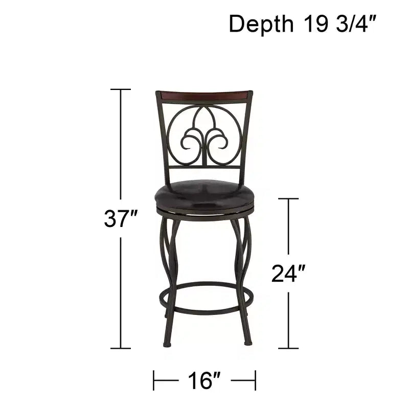 Metal Swivel Bar Stool Brown 24 High Traditional Round Cushion with Backrest Footrest for Kitchen Counter Height
