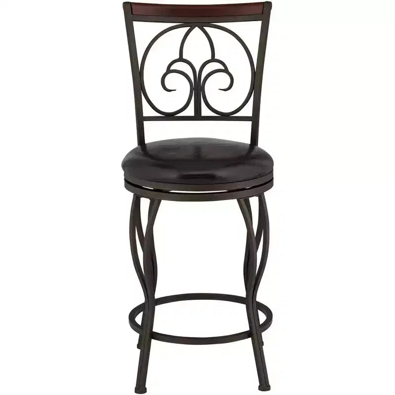 Tabouret de bar pivotant en métal marron 24" de haut, traditionnel, coussin rond avec dossier et repose-pieds, pour comptoir de cuisine.