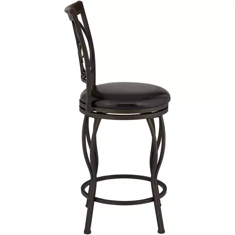 Tabouret de bar pivotant en métal marron 24" de haut, traditionnel, coussin rond avec dossier et repose-pieds, pour comptoir de cuisine.