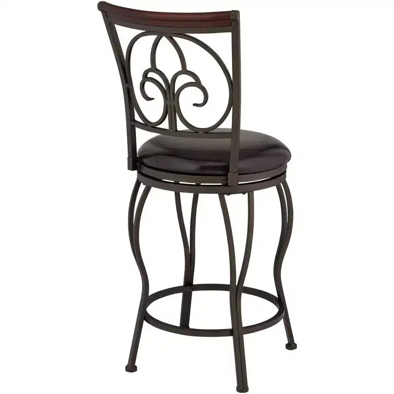 Tabouret de bar pivotant en métal marron 24" de haut, traditionnel, coussin rond avec dossier et repose-pieds, pour comptoir de cuisine.