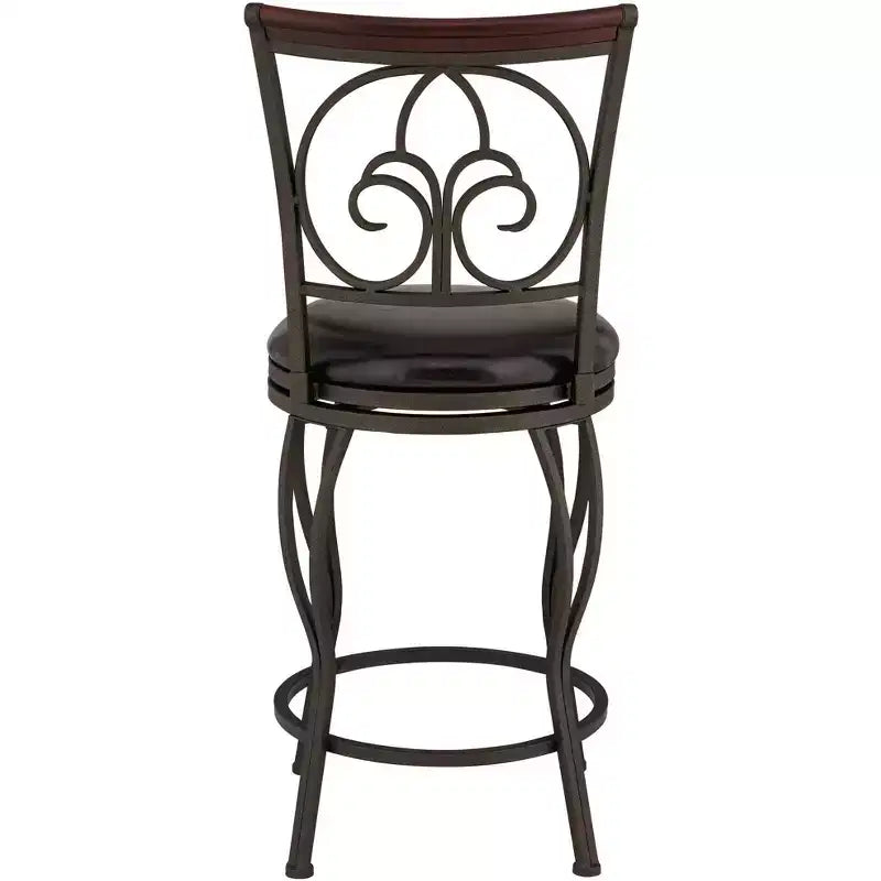 Tabouret de bar pivotant en métal marron 24" de haut, traditionnel, coussin rond avec dossier et repose-pieds, pour comptoir de cuisine.