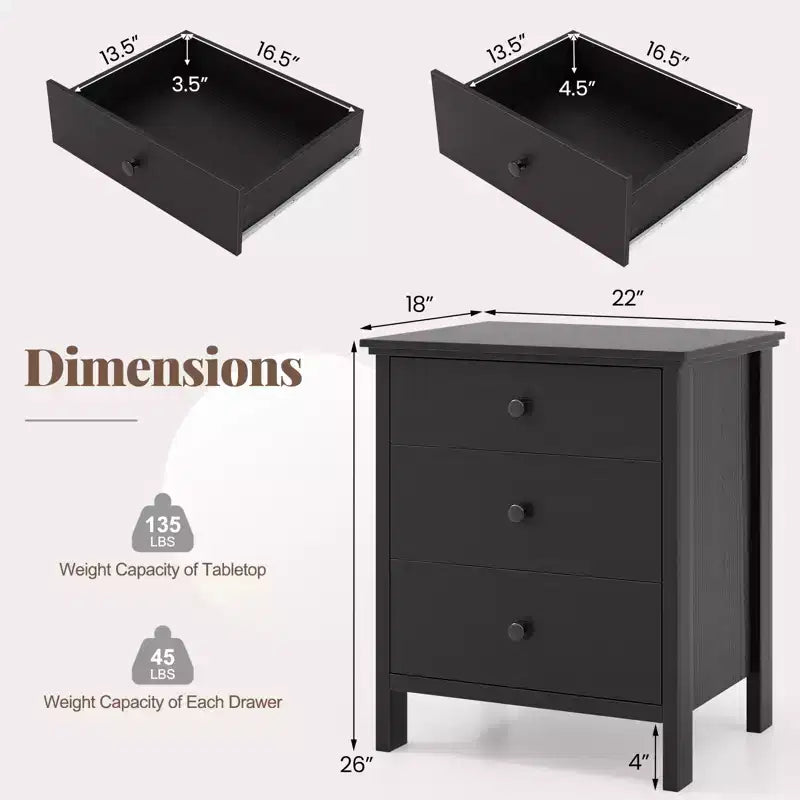 Nightstand Beside End Side Table Accent Table Organizer W/3 Drawers Black