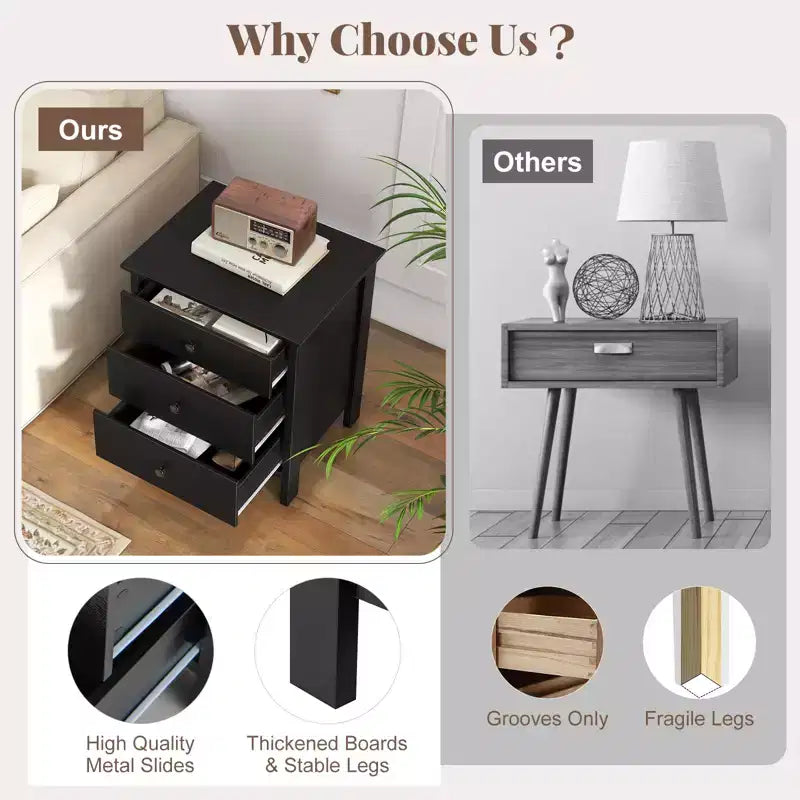Table de chevet, table d'appoint, petite table d'appoint, organisateur avec 3 tiroirs, noir