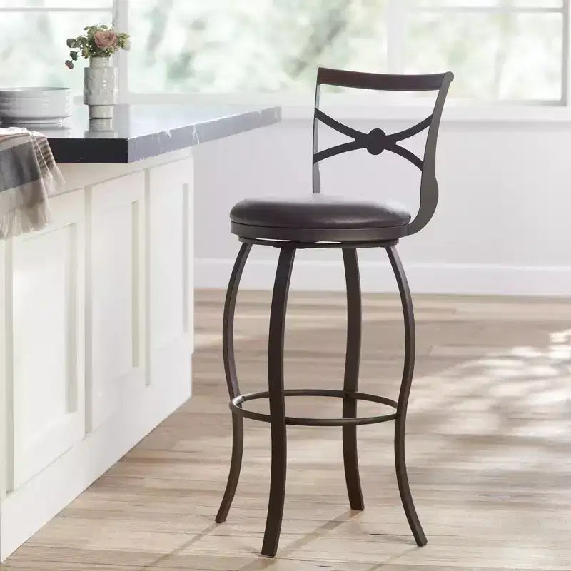 Bronze Metal Swivel Bar Stool Brown 25 High Traditional Faux Leather Round Cushion with Backrest Footrest for Kitchen Counter Height