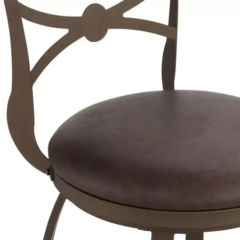 Bronze Metal Swivel Bar Stool Brown 25 High Traditional Faux Leather Round Cushion with Backrest Footrest for Kitchen Counter Height
