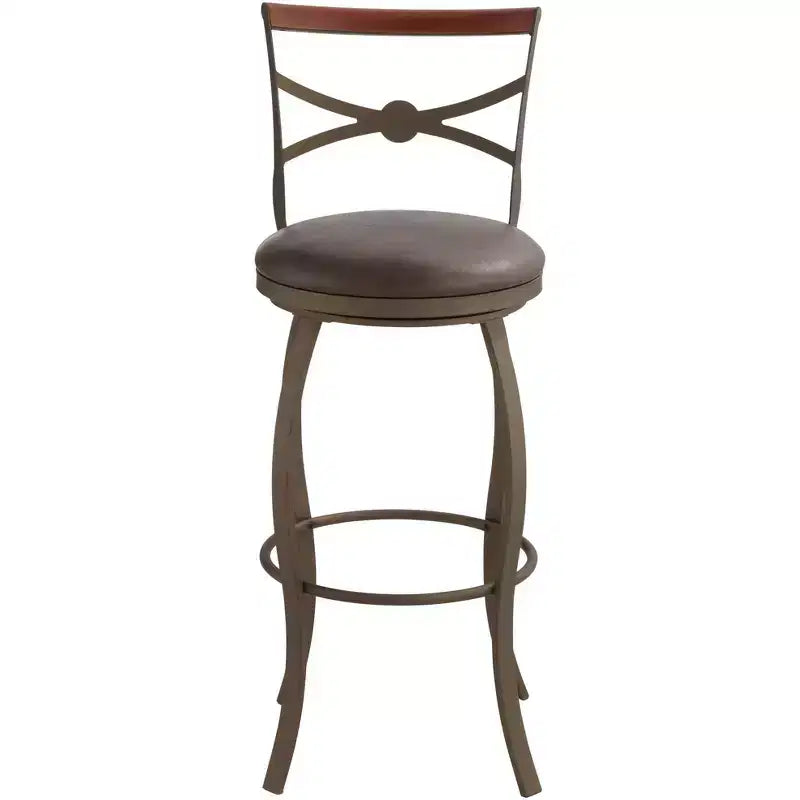 Tabouret de bar pivotant en métal bronze marron de 63,5 cm de haut, style traditionnel, coussin rond en similicuir avec dossier et repose-pieds pour comptoir de cuisine