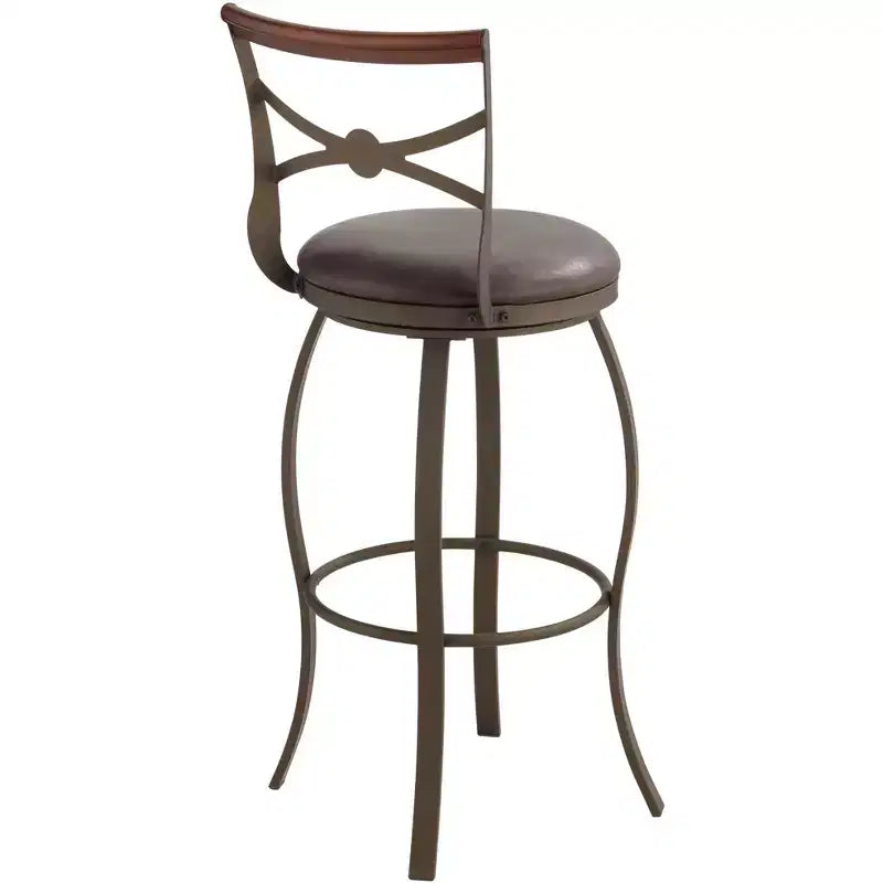 Tabouret de bar pivotant en métal bronze marron de 63,5 cm de haut, style traditionnel, coussin rond en similicuir avec dossier et repose-pieds pour comptoir de cuisine