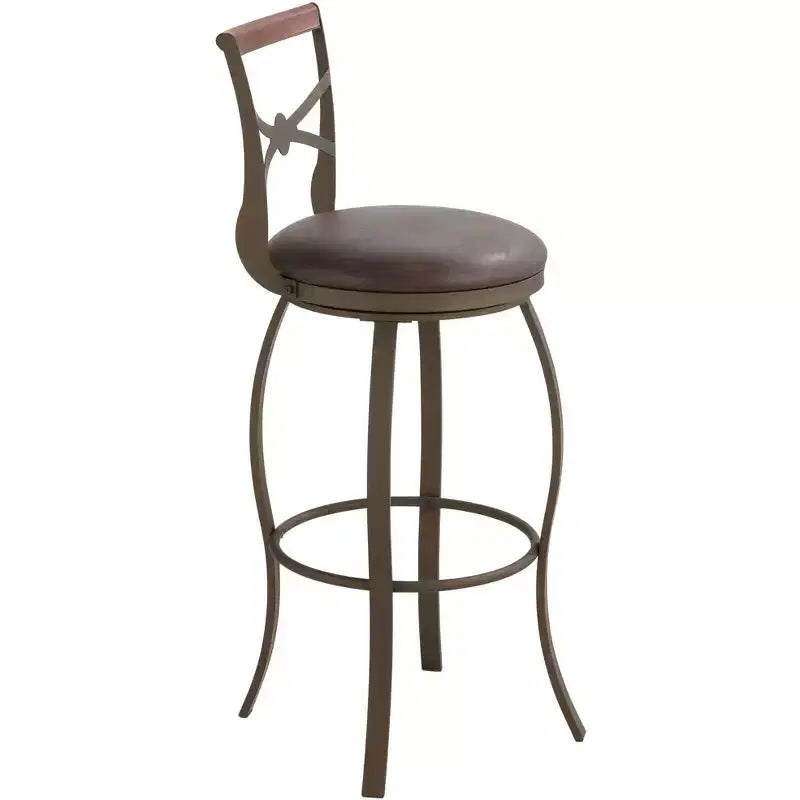 Tabouret de bar pivotant en métal bronze marron de 63,5 cm de haut, style traditionnel, coussin rond en similicuir avec dossier et repose-pieds pour comptoir de cuisine