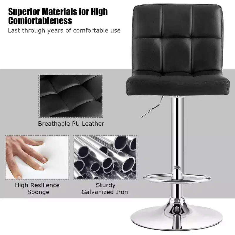 Chaise de bar pivotante en similicuir, dossier bas, hauteur réglable, noire